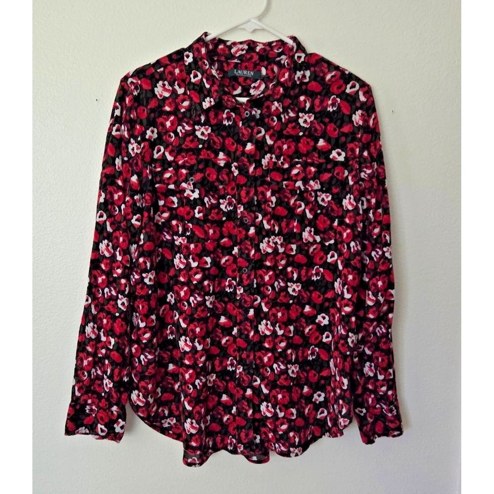 Lauren Ralph Lauren Floral Button Down Shirt Women Black Poppy Red 100% Cotton L